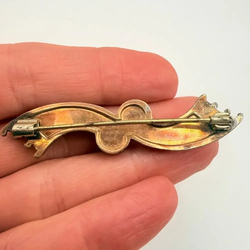 Antique Victorian Rose Gold Filled Seed Pearl Wave Bar Brooch Pin Bow Engraved